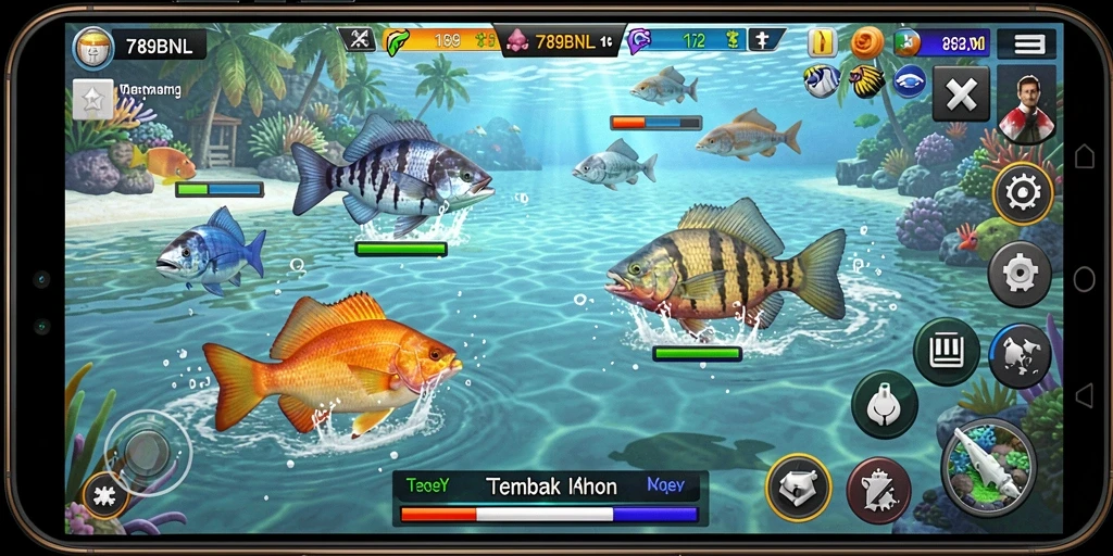 Screenshot gameplay 789BNL yang menampilkan aksi menembak ikan.