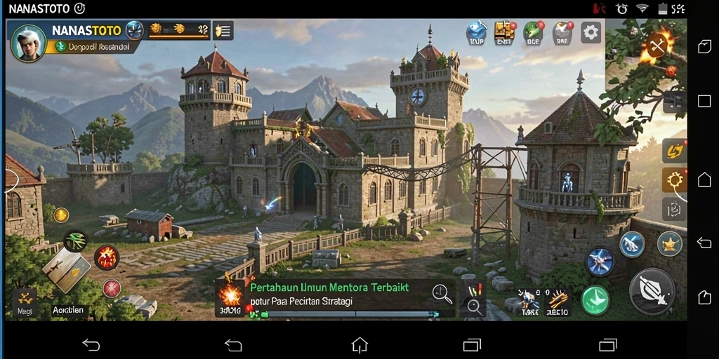 Screenshot NANASTOTO menampilkan menara serangan yang megah dalam pertarungan Tower Defense.