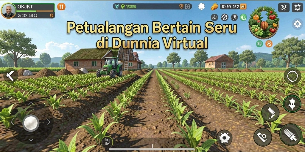 Screenshot utama OKJKT menampilkan gameplay bertani dengan lahan yang subur.