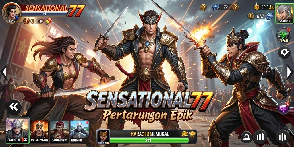 Screenshot utama SENSATIONAL77 menampilkan pertempuran seru antara karakter ikonik.